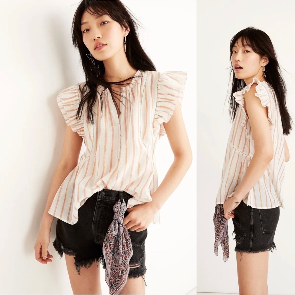 Apiece Apart Cream + Metallic Top + Flutter Sleev… - image 1